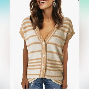 NWT Khaki and White Striped Button-Up Women's Sweater Vest Small  V Neck
